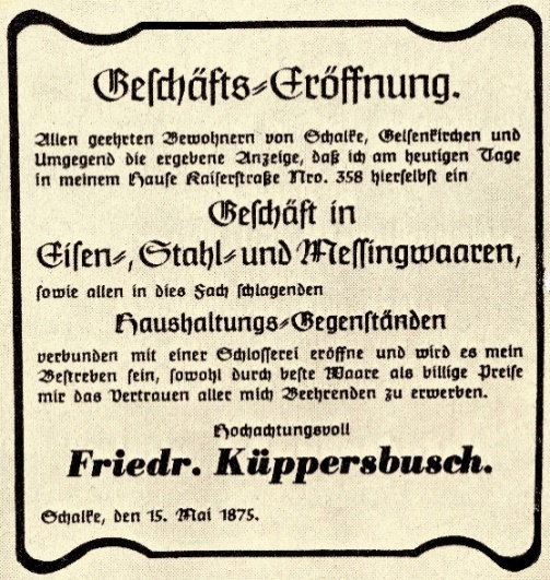 Anzeige zur Geschäftseröffnung 1875